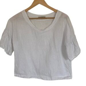 Viola Borghi 100% Linen Blouse Women's Small Solid White Short Sleeve Round Neck